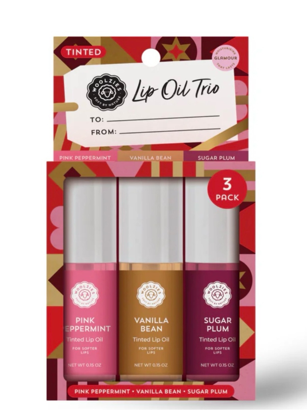 Woolzies Lip Oil Trio – Pink Peppermint, Vanilla Bean & Sugar Plum